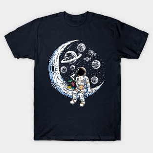 Astronaut Sitting on a Crescent Moon with Coffee & Donuts T-Shirt